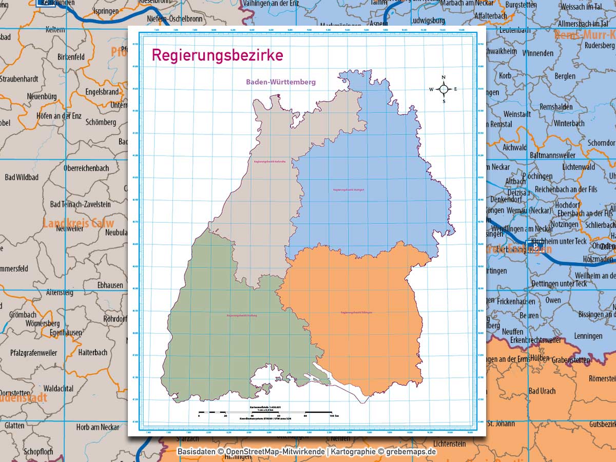 Baden-Württemberg Vektorkarte Regierungsbezirke Landkreise Gemeinden Postleitzahlen PLZ-5 (2020) [Digital] – Bild 3