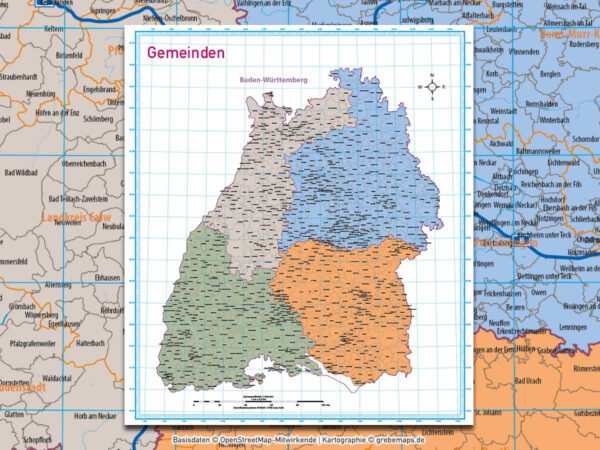 Baden-Württemberg Vektorkarte Regierungsbezirke Landkreise Gemeinden Postleitzahlen PLZ-5, Landkarte Baden-Württemberg, Karte Baden-Württemberg PLZ, Karte Baden-Württemberg Gemeinden, Vektorkarte Baden-Württemberg Postleitzahlen, Karte PLZ 5-stellig Baden-Württemberg, download, AI, editierbar, ebenen-separiert