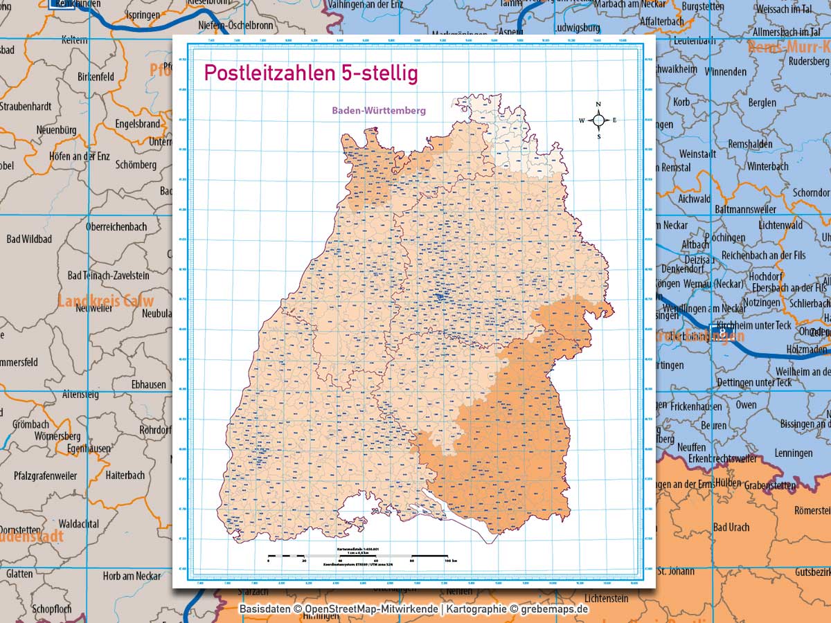 Baden-Württemberg Vektorkarte Regierungsbezirke Landkreise Gemeinden Postleitzahlen PLZ-5, Landkarte Baden-Württemberg, Karte Baden-Württemberg PLZ, Karte Baden-Württemberg Gemeinden, Vektorkarte Baden-Württemberg Postleitzahlen, Karte PLZ 5-stellig Baden-Württemberg, download, AI, editierbar, ebenen-separiert