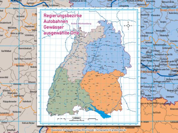 Baden-Württemberg Vektorkarte Regierungsbezirke Landkreise Gemeinden Postleitzahlen PLZ-5, Landkarte Baden-Württemberg, Karte Baden-Württemberg PLZ, Karte Baden-Württemberg Gemeinden, Vektorkarte Baden-Württemberg Postleitzahlen, Karte PLZ 5-stellig Baden-Württemberg, download, AI, editierbar, ebenen-separiert