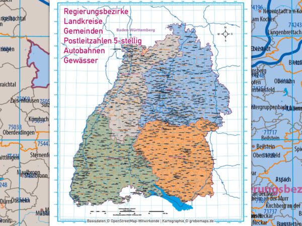 Baden-Württemberg Vektorkarte Regierungsbezirke Landkreise Gemeinden Postleitzahlen PLZ-5, Landkarte Baden-Württemberg, Karte Baden-Württemberg PLZ, Karte Baden-Württemberg Gemeinden, Vektorkarte Baden-Württemberg Postleitzahlen, Karte PLZ 5-stellig Baden-Württemberg, download, AI, editierbar, ebenen-separiert