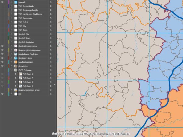 Baden-Württemberg Vektorkarte Regierungsbezirke Landkreise Gemeinden Postleitzahlen PLZ-5, Landkarte Baden-Württemberg, Karte Baden-Württemberg PLZ, Karte Baden-Württemberg Gemeinden, Vektorkarte Baden-Württemberg Postleitzahlen, Karte PLZ 5-stellig Baden-Württemberg, download, AI, editierbar, ebenen-separiert