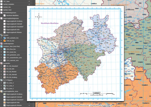 Nordrhein-Westfalen Vektorkarte NRW Regierungsbezirke Landkreise Gemeinden Postleitzahlen PLZ-5, Karte Nordrhein-Westfalen PLZ, Karte Nordrhein-Westfalen Gemeinden, Karte Nordrhein-Westfalen Landkreise, Karte Nordrhein-Westfalen Postleitzahlen, Karte NRW, Landkarte NRW, Karte NRW administrativ AI, download, editierbar, ebenen-separiert