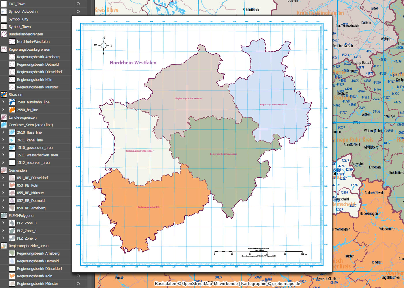 Nordrhein-Westfalen Vektorkarte NRW Regierungsbezirke Landkreise Gemeinden Postleitzahlen PLZ-5 (2020) [Digital] – Bild 7