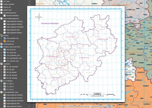 Nordrhein-Westfalen Vektorkarte NRW Regierungsbezirke Landkreise Gemeinden Postleitzahlen PLZ-5, Karte Nordrhein-Westfalen PLZ, Karte Nordrhein-Westfalen Gemeinden, Karte Nordrhein-Westfalen Landkreise, Karte Nordrhein-Westfalen Postleitzahlen, Karte NRW, Landkarte NRW, Karte NRW administrativ AI, download, editierbar, ebenen-separiert