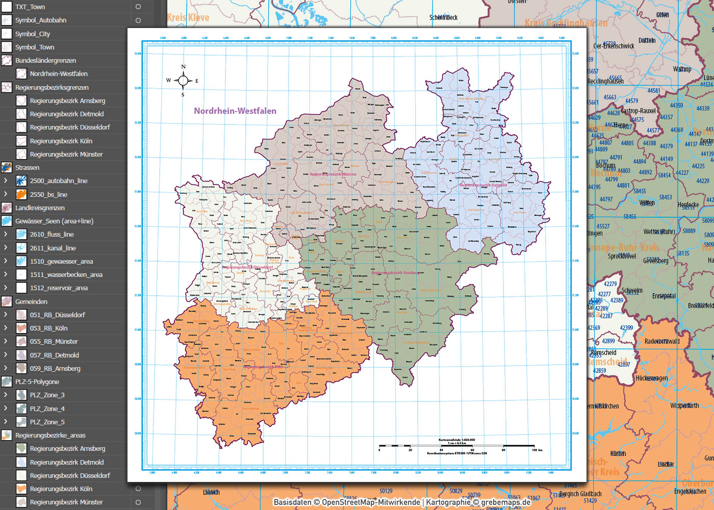 Nordrhein-Westfalen Vektorkarte NRW Regierungsbezirke Landkreise Gemeinden Postleitzahlen PLZ-5, Karte Nordrhein-Westfalen PLZ, Karte Nordrhein-Westfalen Gemeinden, Karte Nordrhein-Westfalen Landkreise, Karte Nordrhein-Westfalen Postleitzahlen, Karte NRW, Landkarte NRW, Karte NRW administrativ AI, download, editierbar, ebenen-separiert