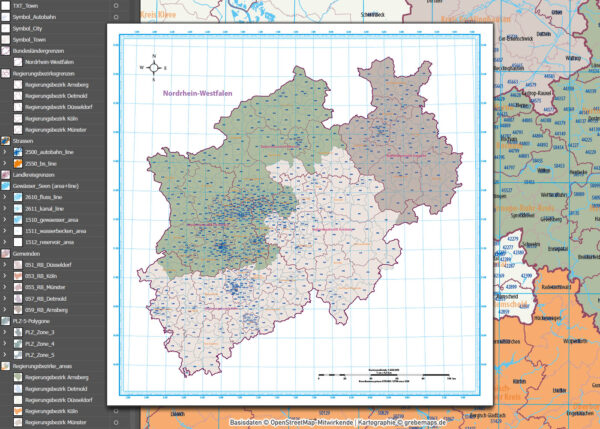 Nordrhein-Westfalen Vektorkarte NRW Regierungsbezirke Landkreise Gemeinden Postleitzahlen PLZ-5, Karte Nordrhein-Westfalen PLZ, Karte Nordrhein-Westfalen Gemeinden, Karte Nordrhein-Westfalen Landkreise, Karte Nordrhein-Westfalen Postleitzahlen, Karte NRW, Landkarte NRW, Karte NRW administrativ AI, download, editierbar, ebenen-separiert