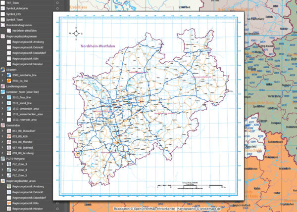 Nordrhein-Westfalen Vektorkarte NRW Regierungsbezirke Landkreise Gemeinden Postleitzahlen PLZ-5, Karte Nordrhein-Westfalen PLZ, Karte Nordrhein-Westfalen Gemeinden, Karte Nordrhein-Westfalen Landkreise, Karte Nordrhein-Westfalen Postleitzahlen, Karte NRW, Landkarte NRW, Karte NRW administrativ AI, download, editierbar, ebenen-separiert