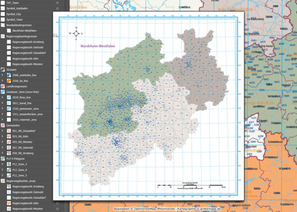 Nordrhein-Westfalen Vektorkarte NRW Regierungsbezirke Landkreise Gemeinden Postleitzahlen PLZ-5, Karte Nordrhein-Westfalen PLZ, Karte Nordrhein-Westfalen Gemeinden, Karte Nordrhein-Westfalen Landkreise, Karte Nordrhein-Westfalen Postleitzahlen, Karte NRW, Landkarte NRW, Karte NRW administrativ AI, download, editierbar, ebenen-separiert