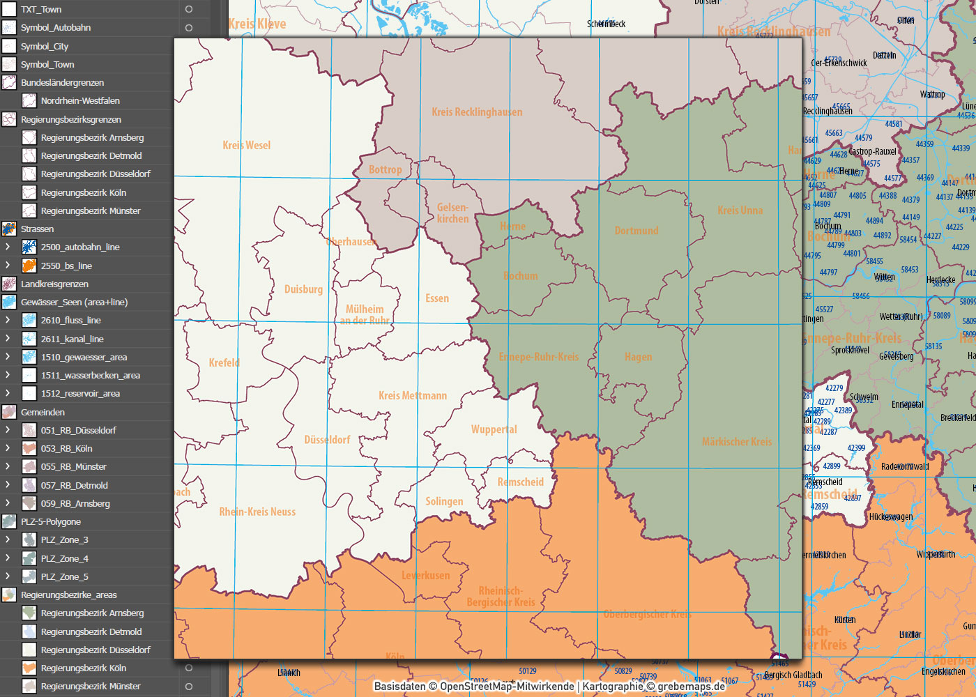 Nordrhein-Westfalen Vektorkarte NRW Regierungsbezirke Landkreise Gemeinden Postleitzahlen PLZ-5 (2020) [Digital] – Bild 14