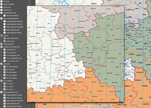 Nordrhein-Westfalen Vektorkarte NRW Regierungsbezirke Landkreise Gemeinden Postleitzahlen PLZ-5, Karte Nordrhein-Westfalen PLZ, Karte Nordrhein-Westfalen Gemeinden, Karte Nordrhein-Westfalen Landkreise, Karte Nordrhein-Westfalen Postleitzahlen, Karte NRW, Landkarte NRW, Karte NRW administrativ AI, download, editierbar, ebenen-separiert