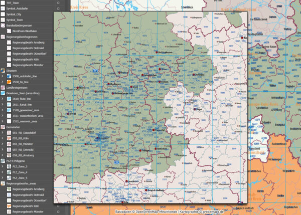 Nordrhein-Westfalen Vektorkarte NRW Regierungsbezirke Landkreise Gemeinden Postleitzahlen PLZ-5, Karte Nordrhein-Westfalen PLZ, Karte Nordrhein-Westfalen Gemeinden, Karte Nordrhein-Westfalen Landkreise, Karte Nordrhein-Westfalen Postleitzahlen, Karte NRW, Landkarte NRW, Karte NRW administrativ AI, download, editierbar, ebenen-separiert