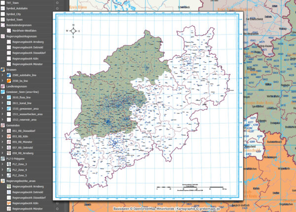 Nordrhein-Westfalen Vektorkarte NRW Regierungsbezirke Landkreise Gemeinden Postleitzahlen PLZ-5, Karte Nordrhein-Westfalen PLZ, Karte Nordrhein-Westfalen Gemeinden, Karte Nordrhein-Westfalen Landkreise, Karte Nordrhein-Westfalen Postleitzahlen, Karte NRW, Landkarte NRW, Karte NRW administrativ AI, download, editierbar, ebenen-separiert