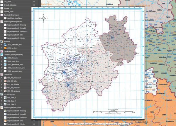 Nordrhein-Westfalen Vektorkarte NRW Regierungsbezirke Landkreise Gemeinden Postleitzahlen PLZ-5, Karte Nordrhein-Westfalen PLZ, Karte Nordrhein-Westfalen Gemeinden, Karte Nordrhein-Westfalen Landkreise, Karte Nordrhein-Westfalen Postleitzahlen, Karte NRW, Landkarte NRW, Karte NRW administrativ AI, download, editierbar, ebenen-separiert