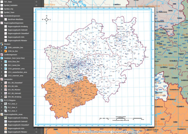 Nordrhein-Westfalen Vektorkarte NRW Regierungsbezirke Landkreise Gemeinden Postleitzahlen PLZ-5, Karte Nordrhein-Westfalen PLZ, Karte Nordrhein-Westfalen Gemeinden, Karte Nordrhein-Westfalen Landkreise, Karte Nordrhein-Westfalen Postleitzahlen, Karte NRW, Landkarte NRW, Karte NRW administrativ AI, download, editierbar, ebenen-separiert