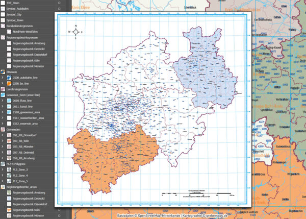 Nordrhein-Westfalen Vektorkarte NRW Regierungsbezirke Landkreise Gemeinden Postleitzahlen PLZ-5, Karte Nordrhein-Westfalen PLZ, Karte Nordrhein-Westfalen Gemeinden, Karte Nordrhein-Westfalen Landkreise, Karte Nordrhein-Westfalen Postleitzahlen, Karte NRW, Landkarte NRW, Karte NRW administrativ AI, download, editierbar, ebenen-separiert