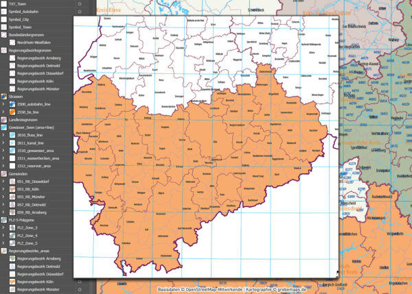 Nordrhein-Westfalen Vektorkarte NRW Regierungsbezirke Landkreise Gemeinden Postleitzahlen PLZ-5, Karte Nordrhein-Westfalen PLZ, Karte Nordrhein-Westfalen Gemeinden, Karte Nordrhein-Westfalen Landkreise, Karte Nordrhein-Westfalen Postleitzahlen, Karte NRW, Landkarte NRW, Karte NRW administrativ AI, download, editierbar, ebenen-separiert