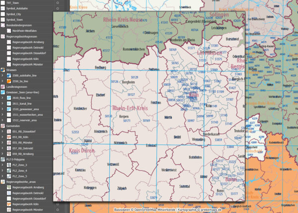 Nordrhein-Westfalen Vektorkarte NRW Regierungsbezirke Landkreise Gemeinden Postleitzahlen PLZ-5, Karte Nordrhein-Westfalen PLZ, Karte Nordrhein-Westfalen Gemeinden, Karte Nordrhein-Westfalen Landkreise, Karte Nordrhein-Westfalen Postleitzahlen, Karte NRW, Landkarte NRW, Karte NRW administrativ AI, download, editierbar, ebenen-separiert