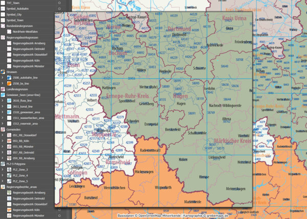 Nordrhein-Westfalen Vektorkarte NRW Regierungsbezirke Landkreise Gemeinden Postleitzahlen PLZ-5, Karte Nordrhein-Westfalen PLZ, Karte Nordrhein-Westfalen Gemeinden, Karte Nordrhein-Westfalen Landkreise, Karte Nordrhein-Westfalen Postleitzahlen, Karte NRW, Landkarte NRW, Karte NRW administrativ AI, download, editierbar, ebenen-separiert