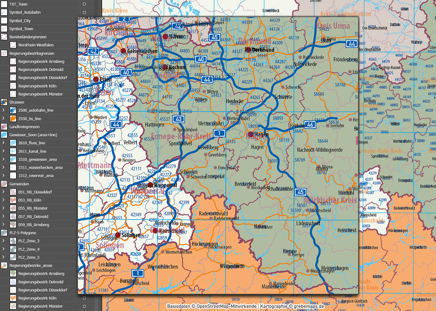 Nordrhein-Westfalen Vektorkarte NRW Regierungsbezirke Landkreise