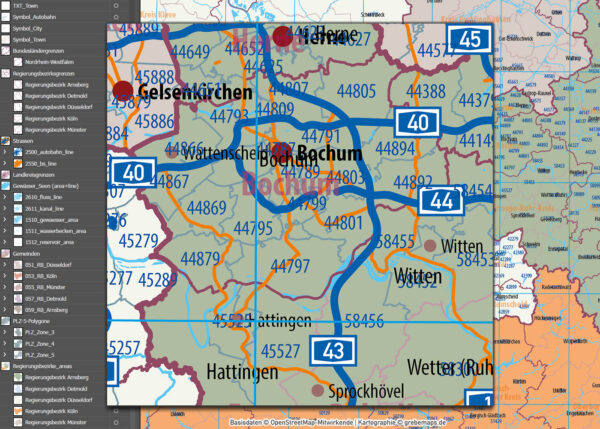 Nordrhein-Westfalen Vektorkarte NRW Regierungsbezirke Landkreise Gemeinden Postleitzahlen PLZ-5, Karte Nordrhein-Westfalen PLZ, Karte Nordrhein-Westfalen Gemeinden, Karte Nordrhein-Westfalen Landkreise, Karte Nordrhein-Westfalen Postleitzahlen, Karte NRW, Landkarte NRW, Karte NRW administrativ AI, download, editierbar, ebenen-separiert