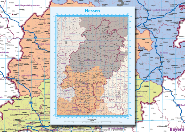 Hessen Vektorkarte Landkreise Gemeinden Postleitzahlen PLZ-5 Autobahnen, Karte Hessen PLZ, PLZ Karte Hessen, Karte Hessen Gemeinden, Karte Hessen Landkreise, Vektorkarte Hessen Postleitzahlen, Karte PLZ 5-stellig Hessen, vector map Hessen, AI, download, editierbar