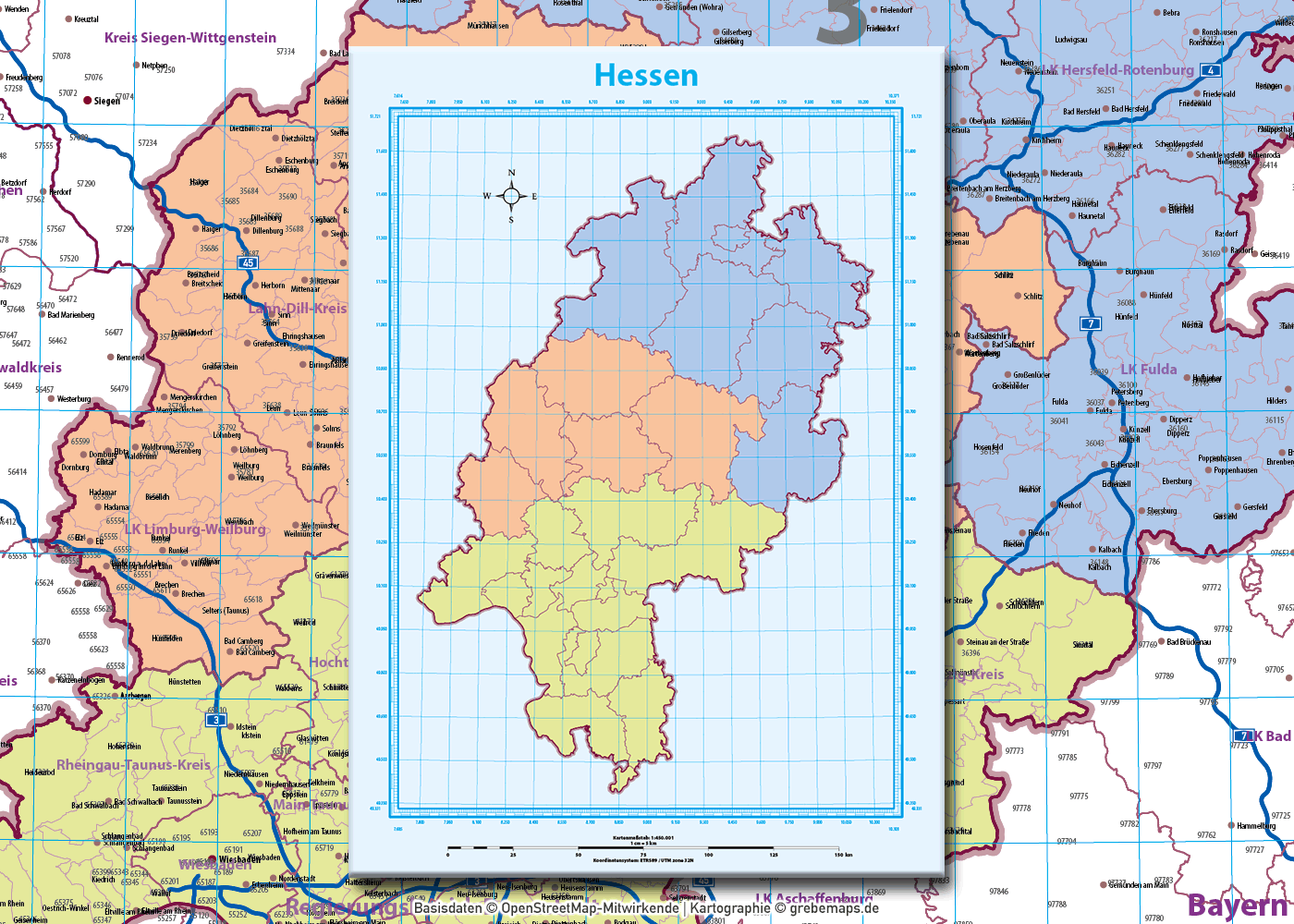 Hessen Vektorkarte Landkreise Gemeinden Postleitzahlen PLZ-5 Autobahnen (2020) [Digital] – Bild 12