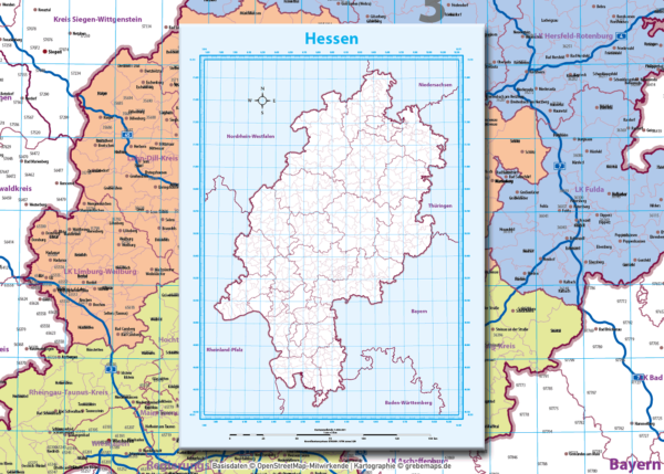 Hessen Vektorkarte Landkreise Gemeinden Postleitzahlen PLZ-5 Autobahnen, Karte Hessen PLZ, PLZ Karte Hessen, Karte Hessen Gemeinden, Karte Hessen Landkreise, Vektorkarte Hessen Postleitzahlen, Karte PLZ 5-stellig Hessen, vector map Hessen, AI, download, editierbar