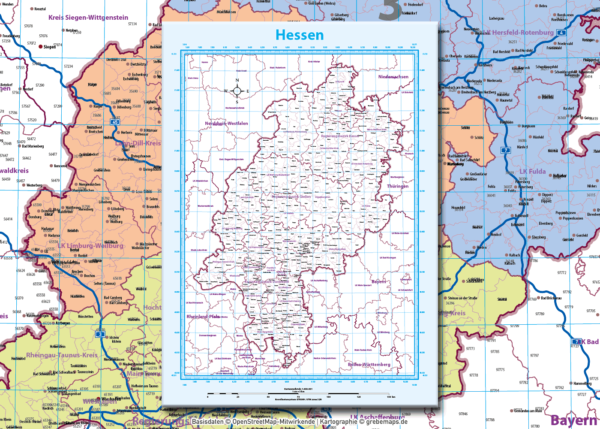 Hessen Vektorkarte Landkreise Gemeinden Postleitzahlen PLZ-5 Autobahnen, Karte Hessen PLZ, PLZ Karte Hessen, Karte Hessen Gemeinden, Karte Hessen Landkreise, Vektorkarte Hessen Postleitzahlen, Karte PLZ 5-stellig Hessen, vector map Hessen, AI, download, editierbar