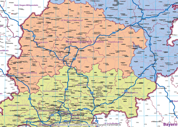 Hessen Vektorkarte Landkreise Gemeinden Postleitzahlen PLZ-5 Autobahnen, Karte Hessen PLZ, PLZ Karte Hessen, Karte Hessen Gemeinden, Karte Hessen Landkreise, Vektorkarte Hessen Postleitzahlen, Karte PLZ 5-stellig Hessen, vector map Hessen, AI, download, editierbar