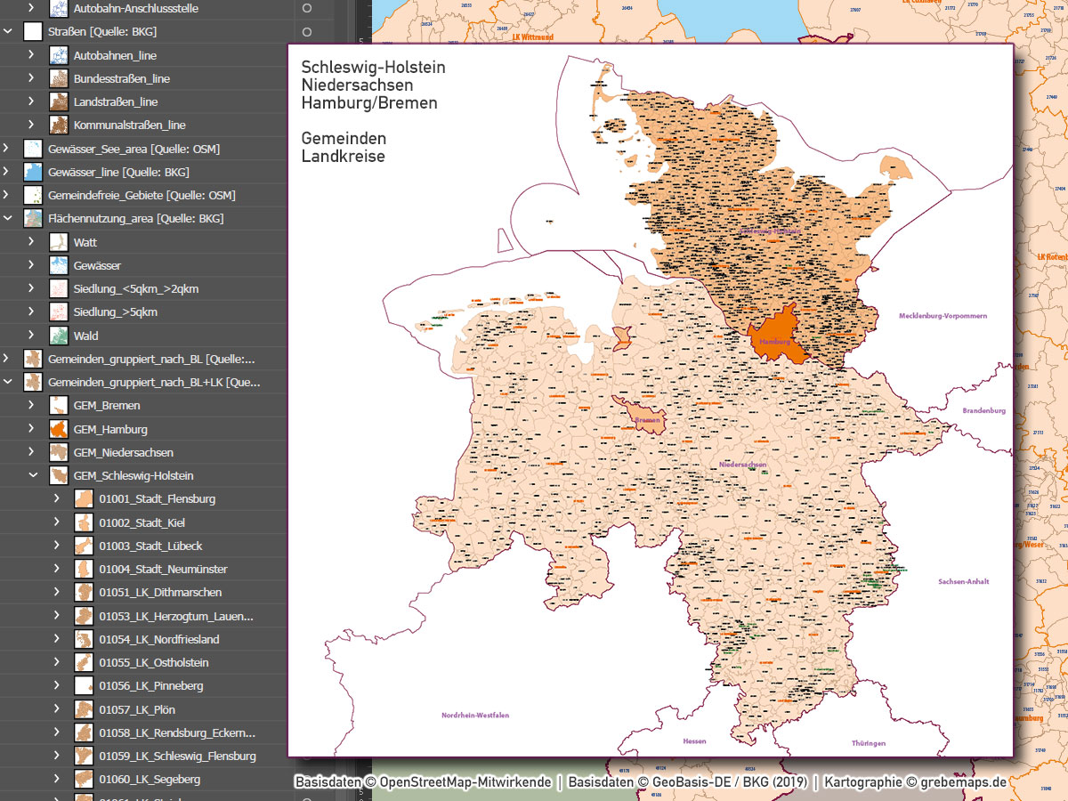 Schleswig-Holstein Niedersachsen Hamburg Bremen Vektorkarte Gemeinden