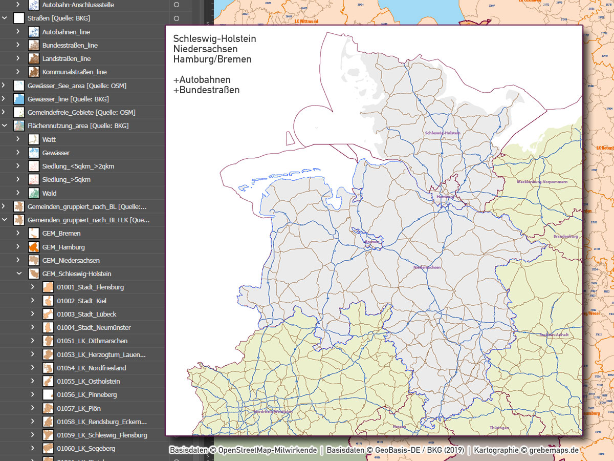Schleswig-Holstein Niedersachsen Hamburg Bremen Vektorkarte Gemeinden Landkreise Postleitzahlen PLZ-1-2-5 Autobahnen (2020) [Digital] – Bild 8