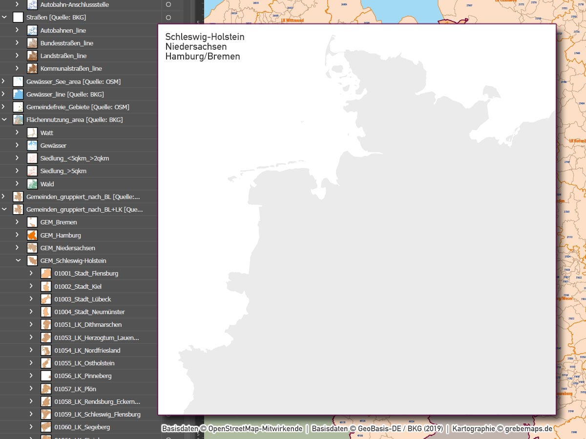 Schleswig-Holstein Niedersachsen Hamburg Bremen Vektorkarte Gemeinden Landkreise Postleitzahlen PLZ-1-2-5 Autobahnen (2020) [Digital] – Bild 11