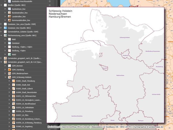 Schleswig-Holstein Niedersachsen Hamburg Bremen Vektorkarte Gemeinden Landkreise Postleitzahlen PLZ-1-2-5 Autobahnen (2020) [Digital] – Bild 12