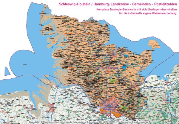 Schleswig-Holstein Hamburg Vektorkarte Gemeinden Landkreise Postleitzahlen PLZ-1-2-5 Autobahnen, Karte Schleswig-Holstein Gemeinden, Karte Schleswig-Holstein PLZ, Karte Schleswig-Holstein Landkreise, PLZ-Karte Schleswig-Holstein, Vektorkarte Schleswig-Holstein, vector map Schleswig-Holstein, AI, editierbar, ebenen-separiert, download