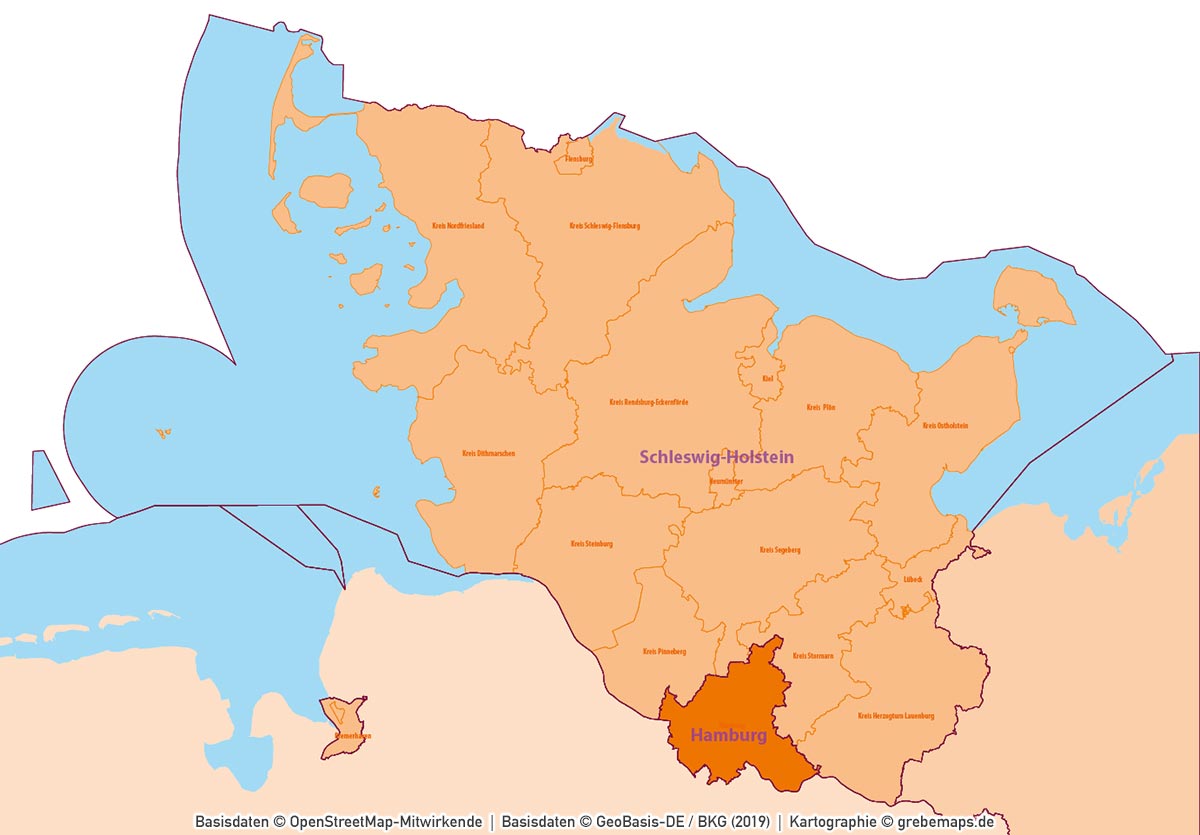 Schleswig-Holstein Hamburg Vektorkarte Gemeinden Landkreise