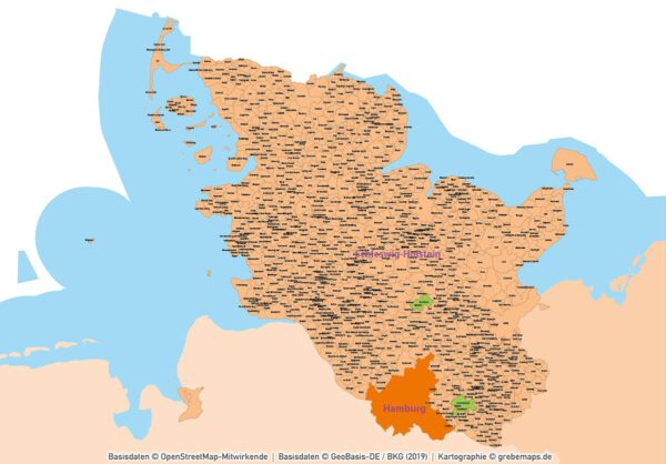 Schleswig-Holstein Hamburg Vektorkarte Gemeinden Landkreise Postleitzahlen PLZ-1-2-5 Autobahnen, Karte Schleswig-Holstein Gemeinden, Karte Schleswig-Holstein PLZ, Karte Schleswig-Holstein Landkreise, PLZ-Karte Schleswig-Holstein, Vektorkarte Schleswig-Holstein, vector map Schleswig-Holstein, AI, editierbar, ebenen-separiert, download