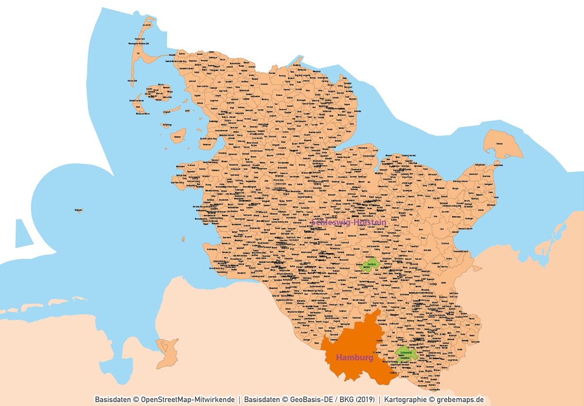 Schleswig-Holstein Hamburg Vektorkarte Gemeinden Landkreise