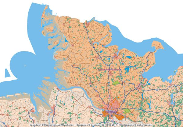 Schleswig-Holstein Hamburg Vektorkarte Gemeinden Landkreise Postleitzahlen PLZ-1-2-5 Autobahnen, Karte Schleswig-Holstein Gemeinden, Karte Schleswig-Holstein PLZ, Karte Schleswig-Holstein Landkreise, PLZ-Karte Schleswig-Holstein, Vektorkarte Schleswig-Holstein, vector map Schleswig-Holstein, AI, editierbar, ebenen-separiert, download