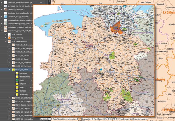 Niedersachsen Hamburg Vektorkarte Gemeinden Landkreise Postleitzahlen PLZ-1-2-5 Autobahnen, Karte Niedersachsen Gemeinden, Karte Niedersachsen PLZ, Karte Niedersachsen Postleitzahlen, Vektorkarte Niedersachsen Landkreise, Karte Vektor Niedersachsen, Landkarte Niedersachsen, AI, editierbar, ebenen-separiert, download