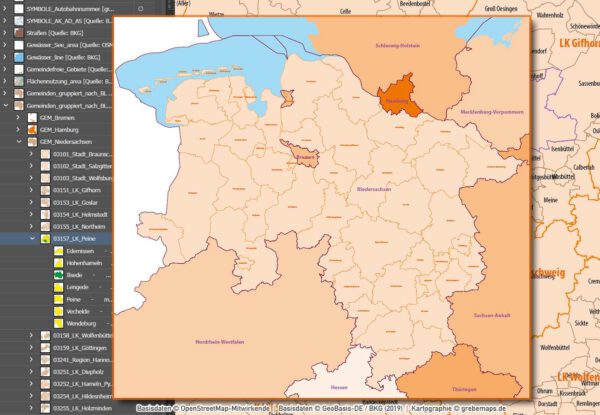 Niedersachsen Hamburg Vektorkarte Gemeinden Landkreise Postleitzahlen PLZ-1-2-5 Autobahnen, Karte Niedersachsen Gemeinden, Karte Niedersachsen PLZ, Karte Niedersachsen Postleitzahlen, Vektorkarte Niedersachsen Landkreise, Karte Vektor Niedersachsen, Landkarte Niedersachsen, AI, editierbar, ebenen-separiert, download