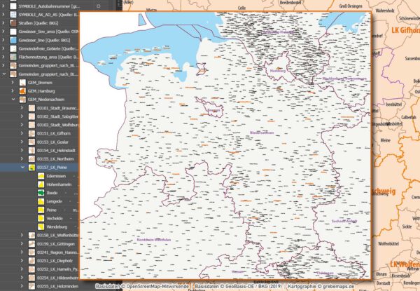 Niedersachsen Hamburg Vektorkarte Gemeinden Landkreise Postleitzahlen PLZ-1-2-5 Autobahnen, Karte Niedersachsen Gemeinden, Karte Niedersachsen PLZ, Karte Niedersachsen Postleitzahlen, Vektorkarte Niedersachsen Landkreise, Karte Vektor Niedersachsen, Landkarte Niedersachsen, AI, editierbar, ebenen-separiert, download