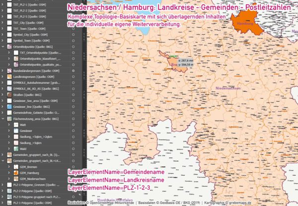 Niedersachsen Hamburg Vektorkarte Gemeinden Landkreise Postleitzahlen PLZ-1-2-5 Autobahnen, Karte Niedersachsen Gemeinden, Karte Niedersachsen PLZ, Karte Niedersachsen Postleitzahlen, Vektorkarte Niedersachsen Landkreise, Karte Vektor Niedersachsen, Landkarte Niedersachsen, AI, editierbar, ebenen-separiert, download