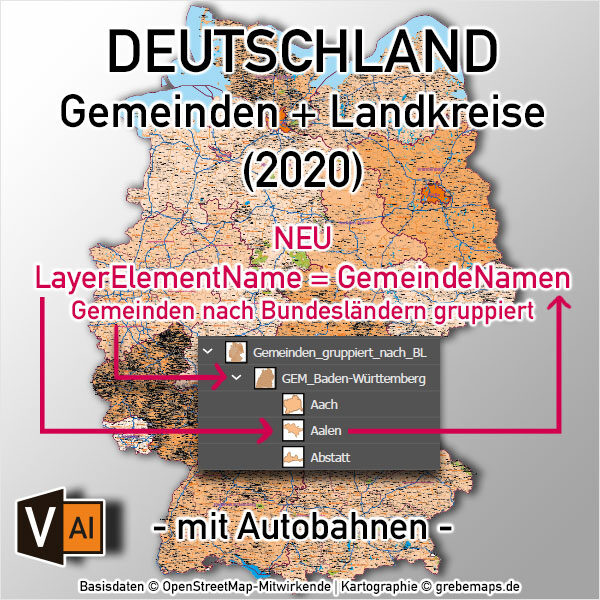 Deutschland Gemeinden Landkreise Bundesländer Autobahnen Vektorkarte, Karte Deutschland Gemeinden, Karte Deutschland Landkreise, Vektorkarte Deutschland Gemeinden, Vektorkarte editierbar Deutschland Gemeinden, Gemeindekarte Deutschland, AI, download, editierbar, ebenen-separiert