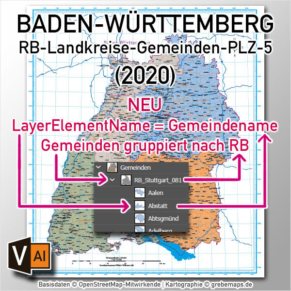 Baden-Württemberg Vektorkarte Regierungsbezirke Landkreise Gemeinden Postleitzahlen PLZ-5, Landkarte Baden-Württemberg, Karte Baden-Württemberg PLZ, Karte Baden-Württemberg Gemeinden, Vektorkarte Baden-Württemberg Postleitzahlen, Karte PLZ 5-stellig Baden-Württemberg, download, AI, editierbar, ebenen-separiert