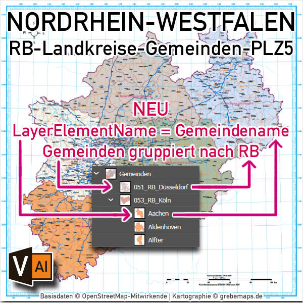 Nordrhein-Westfalen Vektorkarte NRW Regierungsbezirke Landkreise Gemeinden Postleitzahlen PLZ-5, Karte Nordrhein-Westfalen PLZ, Karte Nordrhein-Westfalen Gemeinden, Karte Nordrhein-Westfalen Landkreise, Karte Nordrhein-Westfalen Postleitzahlen, Karte NRW, Landkarte NRW, Karte NRW administrativ AI, download, editierbar, ebenen-separiert