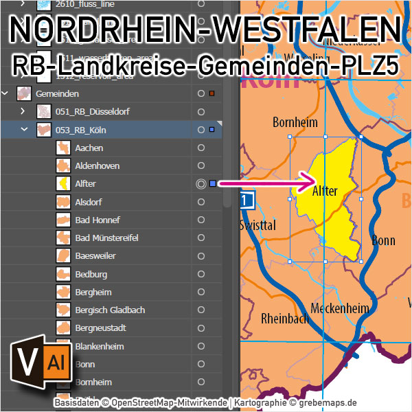 Nordrhein-Westfalen Vektorkarte NRW Regierungsbezirke Landkreise Gemeinden Postleitzahlen PLZ-5, Karte Nordrhein-Westfalen PLZ, Karte Nordrhein-Westfalen Gemeinden, Karte Nordrhein-Westfalen Landkreise, Karte Nordrhein-Westfalen Postleitzahlen, Karte NRW, Landkarte NRW, Karte NRW administrativ AI, download, editierbar, ebenen-separiert