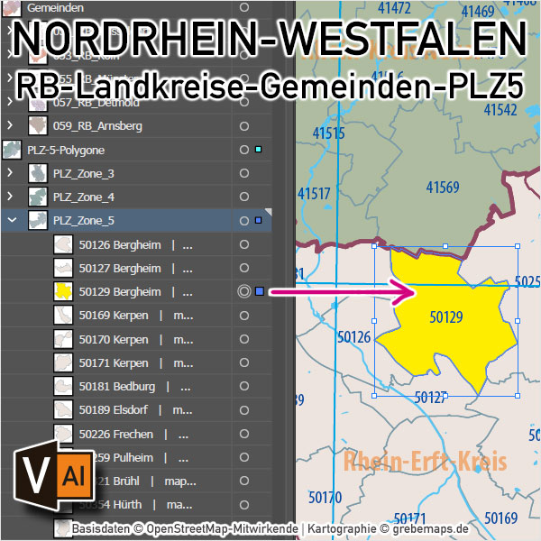 Nordrhein-Westfalen Vektorkarte NRW Regierungsbezirke Landkreise Gemeinden Postleitzahlen PLZ-5, Karte Nordrhein-Westfalen PLZ, Karte Nordrhein-Westfalen Gemeinden, Karte Nordrhein-Westfalen Landkreise, Karte Nordrhein-Westfalen Postleitzahlen, Karte NRW, Landkarte NRW, Karte NRW administrativ AI, download, editierbar, ebenen-separiert