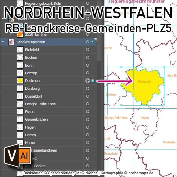 Nordrhein-Westfalen Vektorkarte NRW Regierungsbezirke Landkreise Gemeinden Postleitzahlen PLZ-5, Karte Nordrhein-Westfalen PLZ, Karte Nordrhein-Westfalen Gemeinden, Karte Nordrhein-Westfalen Landkreise, Karte Nordrhein-Westfalen Postleitzahlen, Karte NRW, Landkarte NRW, Karte NRW administrativ AI, download, editierbar, ebenen-separiert