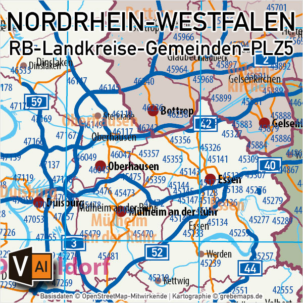 Nordrhein-Westfalen Vektorkarte NRW Regierungsbezirke Landkreise Gemeinden Postleitzahlen PLZ-5, Karte Nordrhein-Westfalen PLZ, Karte Nordrhein-Westfalen Gemeinden, Karte Nordrhein-Westfalen Landkreise, Karte Nordrhein-Westfalen Postleitzahlen, Karte NRW, Landkarte NRW, Karte NRW administrativ AI, download, editierbar, ebenen-separiert